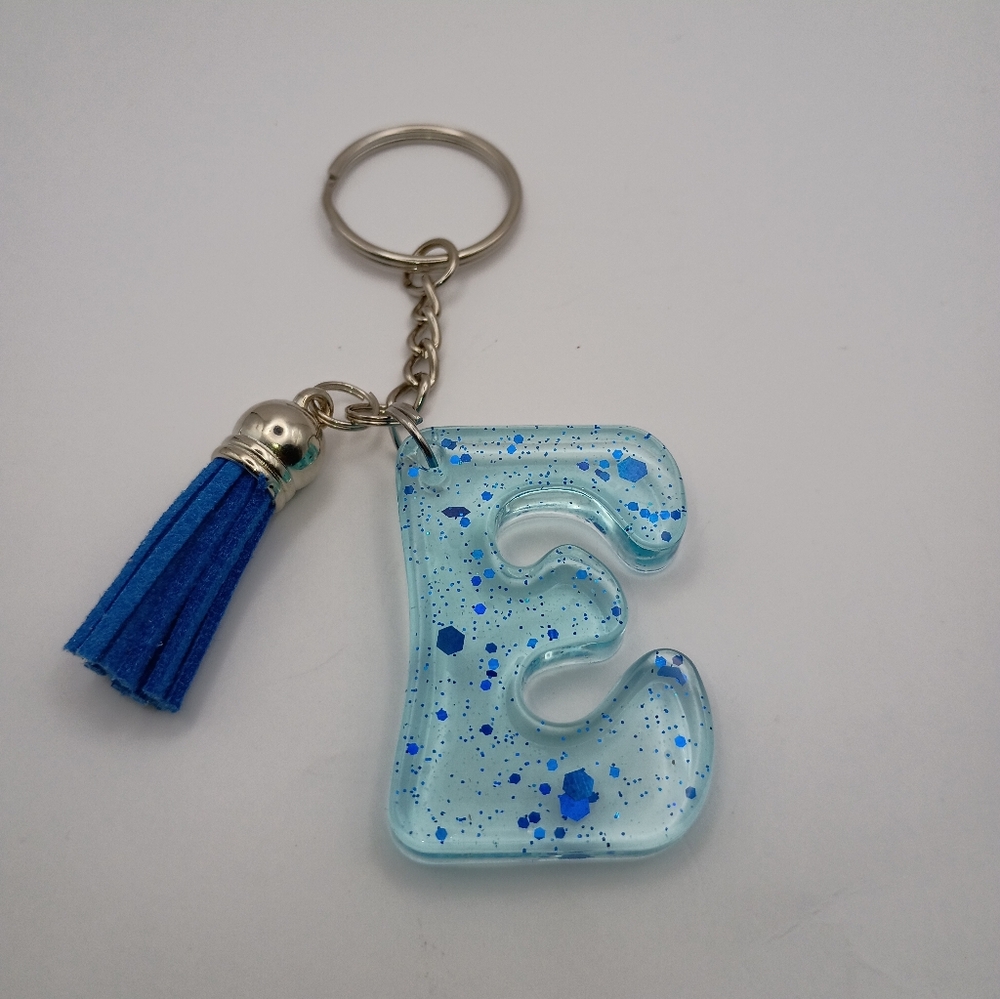 Women's Blue Speckled Letter 'E' Keychain with Tassel